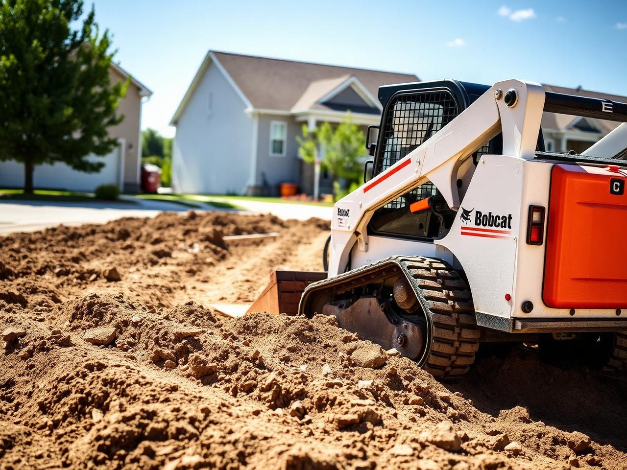 Bobcat skid steer grading soil on a residential lot
